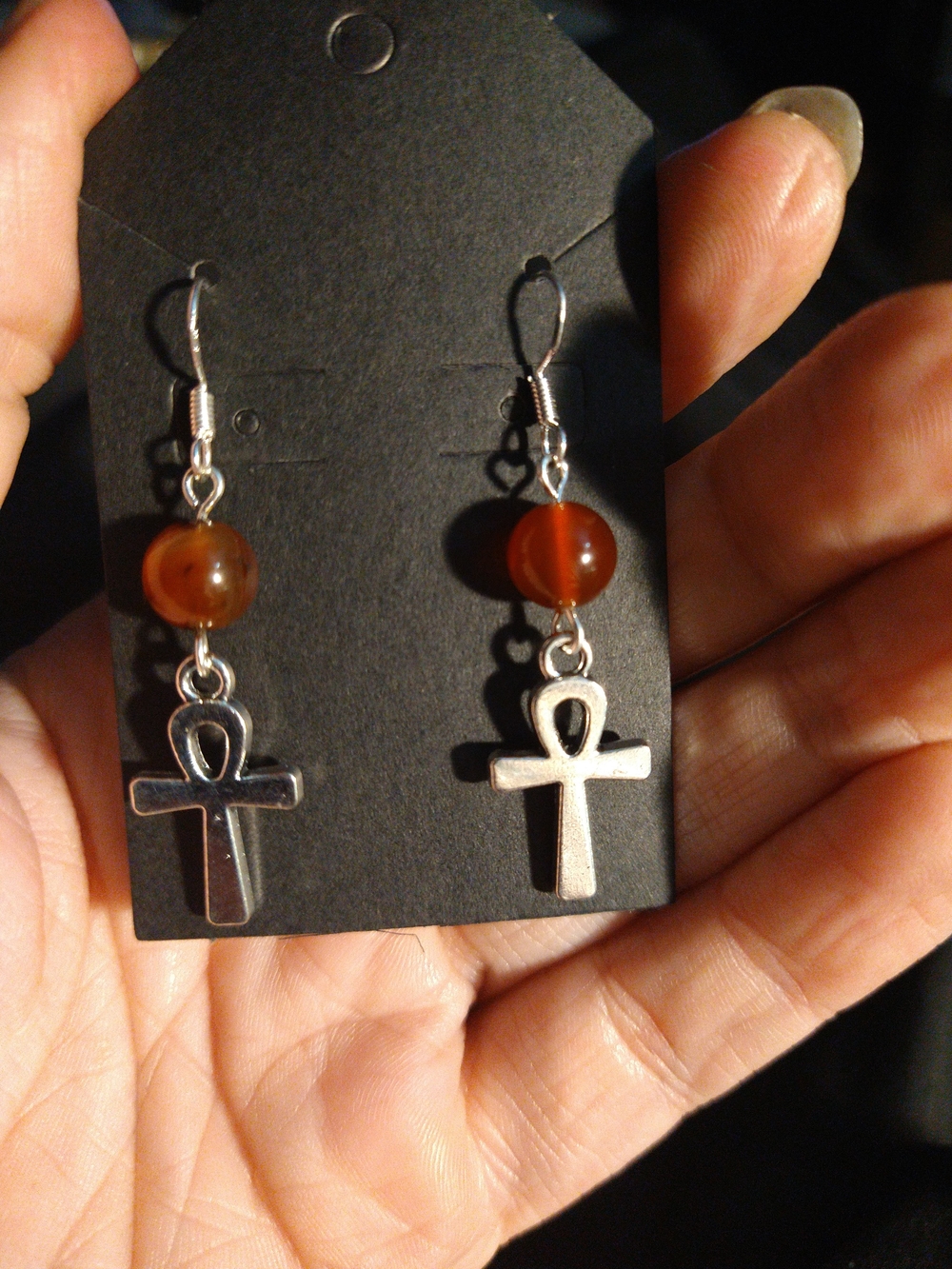 Handmade Silver Ankh Earrings with Carnelian Beads